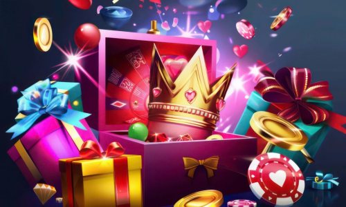 Open gift box with casino bonus coins, crowns, diamonds, and lollipops